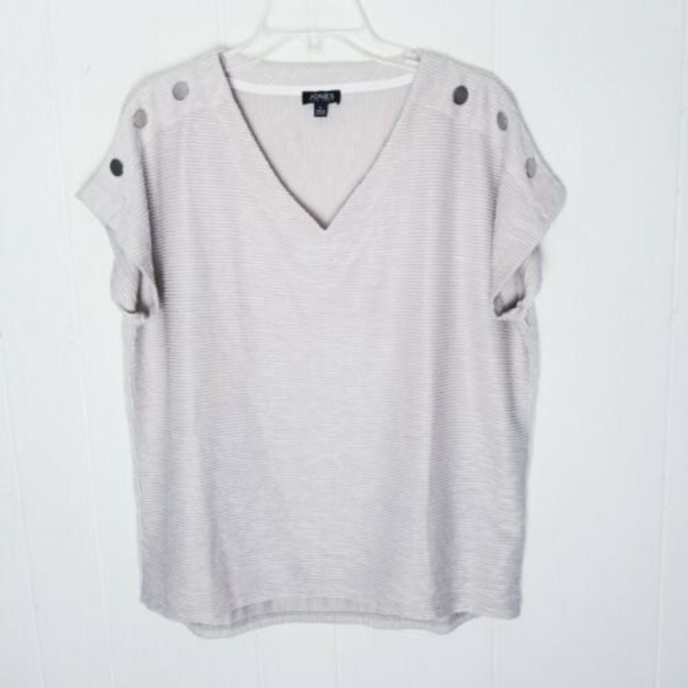 Jones New York Oatmeal V Neck Textured Blouse Women Size Large Button Details